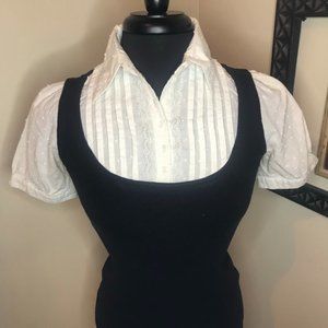 Suzy Shier White Short Sleeve Blouse/Black Sweater Combo Top